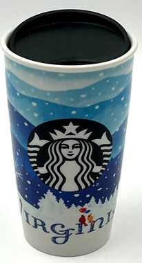 Starbucks Virginia Ceramic Tumbler With Black Plastic Lid 2016 12 fl oz EUC